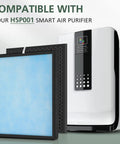 Two Pack Replacement Filters For HSP001 Smart True HEPA Air Purifier beside purifier unit