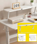 Badass Height Adjustable Standing Desk With Manual Crank Drawer And Removable Bookshelf For A Dope Home Office Setup Ergonomic Workstation, featuring a white wood top and adjustable bookshelf.