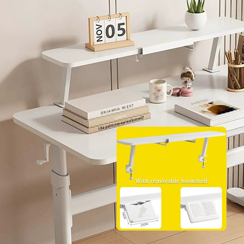 Badass Height Adjustable Standing Desk With Manual Crank Drawer And Removable Bookshelf For A Dope Home Office Setup Ergonomic Workstation, featuring a white wood top and adjustable bookshelf.