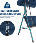 Three Seat Outdoor Swing Chair With Adjustable Canopy Stable Metal Frame Heavy Duty Stand Perfect Backyard Patio And Lawn Seating For Adults Blue Built For Comfort And Easy Year Round Kick Back Relaxation In The Sun.