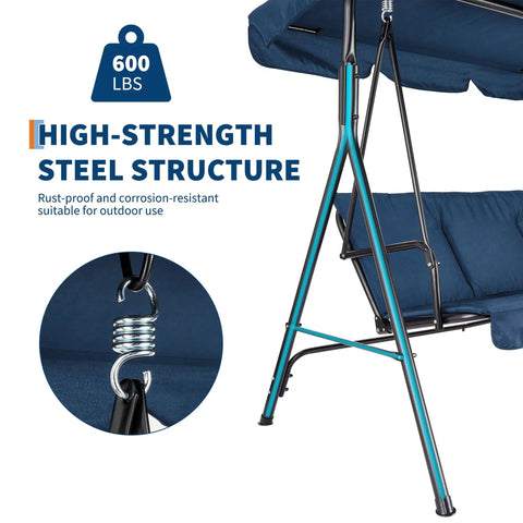 Three Seat Outdoor Swing Chair With Adjustable Canopy Stable Metal Frame Heavy Duty Stand Perfect Backyard Patio And Lawn Seating For Adults Blue Built For Comfort And Easy Year Round Kick Back Relaxation In The Sun.