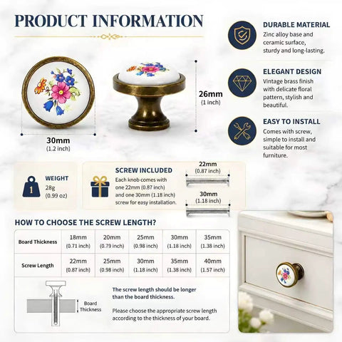 Vintage Floral Ceramic Cabinet Knobs And Drawer Pulls Featuring Dual Mounting Screws For A Super Easy Kitchen Cupboard Or Dresser Hardware Swap That Brings Chill Vibes, 30mm knob with floral design.