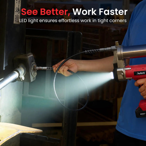 Beefy 10000 PSI Cordless Grease Gun Kit With Dual Batteries 39.4 Inch Hose in use with LED light illuminating work area.