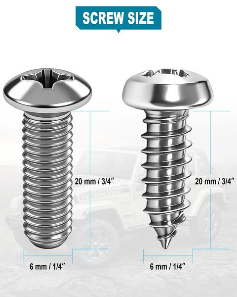 Heavy Duty Stainless Steel License Plate Screw Hardware Set With M6 Quarter Inch Bolt Fasteners Plus Slick Chrome Snap Caps image showing screw sizes and details.