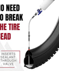 Tubeless Sealant Injector Syringe And Presta Valve Core Removal Tool For Stans No Tubes And Other Sealants showing tire sealing process