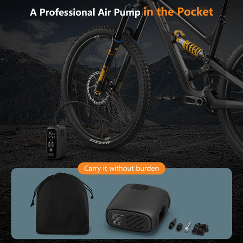Portable Tire Inflator Air Compressor 150 PSI with 28 Cylinder 12V Motor 140W Auto Shut Off LED Light beside mountain bike