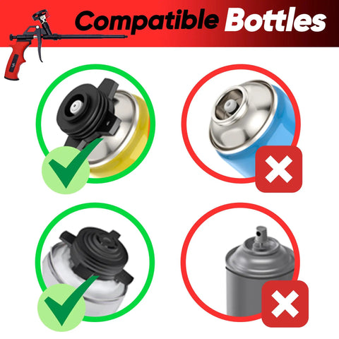 Diagram showing compatible and incompatible bottles for Expanding Foam Gun Kit With Two Metal Dispensing Guns And Nine Extenders.