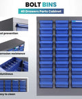 40 Drawer Parts Cabinet With Label Stickers Nut And Bolt Organizer featuring blue ABS drawers and rust-resistant frame, full view.