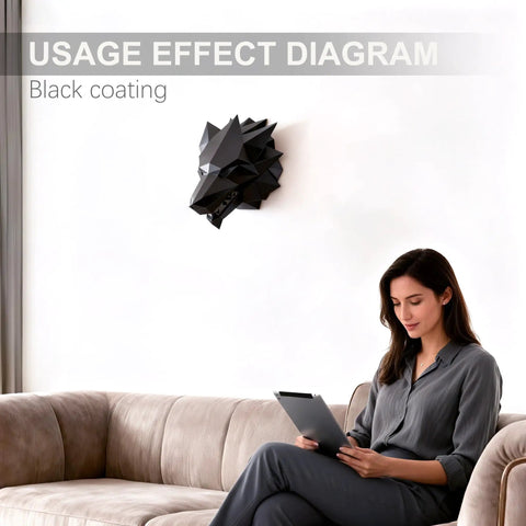Wolf Head Welding Practice Kit For Beginners And Pros sculpture wall-mounted above woman on couch with tablet