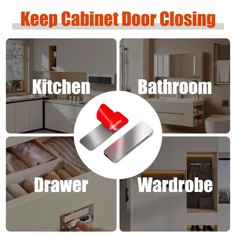 8 Pack Ultra Thin Magnetic Cabinet Door Catches With Adhesive Mount shown in kitchen, bathroom, drawer, and wardrobe settings