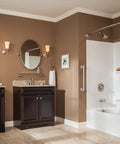 Brantford Brushed Nickel Posi Temp Shower Trim Kit with high-pressure showerhead and lever handle in a modern bathroom setting