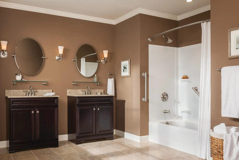 Brantford Brushed Nickel Posi Temp Shower Trim Kit with high-pressure showerhead and lever handle in a modern bathroom setting