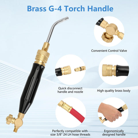 Brass G-4 torch handle with control valve and quick disconnect for air acetylene torch kit 11-piece set for soldering and brazing.