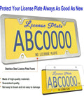All In One License Plate Frame Cover Kit With Clear Flat Plate Cover And Stainless Steel Tag Holder Unbreakable Shield For Standard US Plates Includes Mount Screws And Chrome Caps Front Or Rear Use shown with yellow plate