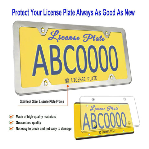 All In One License Plate Frame Cover Kit With Clear Flat Plate Cover And Stainless Steel Tag Holder Unbreakable Shield For Standard US Plates Includes Mount Screws And Chrome Caps Front Or Rear Use shown with yellow plate