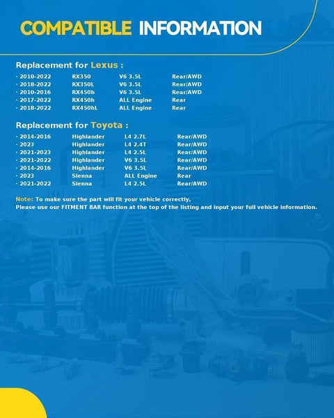 Blue poster showing compatibility information for All Wheel Drive Rear Wheel Hub Bearing Assembly 512365 with Lexus and Toyota models.