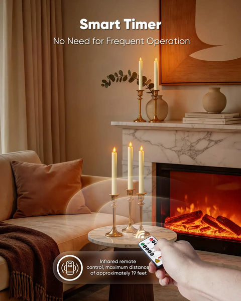 Room with 6 Pack Wax Flameless Taper Candles With Remote Timer And Dimmer, glowing ivory LED sticks on mantel near fireplace.
