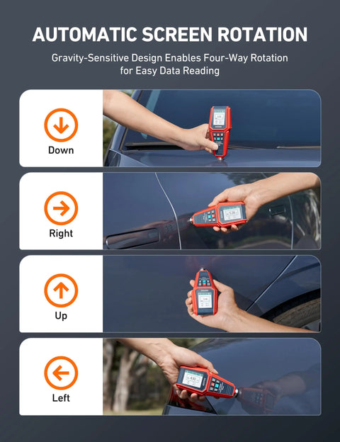 Paint Thickness Gauge With Automatic Detection And 0.01μm Resolution For Ferrous And Nonferrous Coatings On Metal Surfaces, Wide Coating Compatibility, Fast Digital Readout, Durable Handy Tool For Pros, shown on car panel