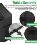 Heavy Duty Outdoor Grill Cover For DCS BH1 36R N And BH1 36R L Wind Resistant BBQ Cover showing hook and loop, drawstring, stitching details