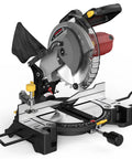 Heavy Duty 10 Inch Compound Miter Saw Boasting A Beefy 15 Amp Motor Cruising At 5000 Rpm For Silky Smooth Cuts On Wood Metal Plastic And Laminates Featuring Single Bevel 0 To 45 Degree Angles Wide Extension Table Plus 36 T Blade, close-up view of blade and table.