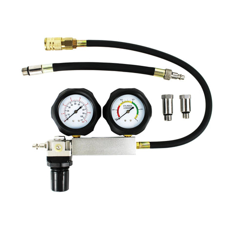Front view of HFS cylinder leak detector test kit with dual gauges, black hoses, and metal adapters