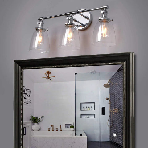 Three Light Industrial Wall Sconce With On Off Switch And Clear Glass Shade For A Cool Retro Vibe Vintage Antique Brass Vanity Lighting For Bathroom And Living Room Dimmable When Paired With A Compatible Dimmer Bell Shade Finish.