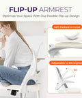 Ergonomic Mesh Office Chair With Lumbar Support And Adjustable Height For Gaming And Work Breathable Backrest Swivel Rolling Wheels Flip Up Armrests Space Saving Design For Home Office Ivory, featuring a focus on the flexible flip-up armrest.