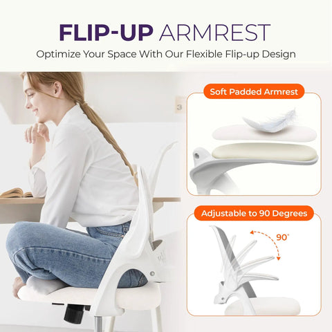 Ergonomic Mesh Office Chair With Lumbar Support And Adjustable Height For Gaming And Work Breathable Backrest Swivel Rolling Wheels Flip Up Armrests Space Saving Design For Home Office Ivory, featuring a focus on the flexible flip-up armrest.