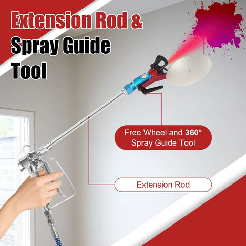 Heavy Duty Airless Paint Sprayer Gun Kit With 3600 PSI And A 50 Foot High Pressure Hose with extension rod and spray guide tool.