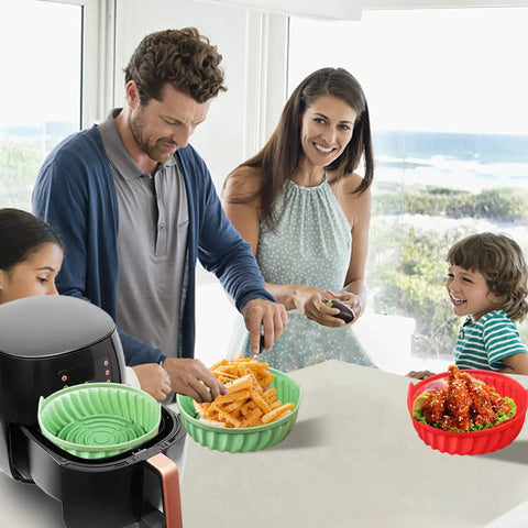 Family using 2 Pack Air Fryer Silicone Liners Reusable Liners For 5 Qt And Up Square Or Round Air Fryer Oven Accessories Food Grade Silicone Up To 500F Safe In Oven Microwave And Pressure Cooker Mess Free Easy Cleanup No Fuss at kitchen table