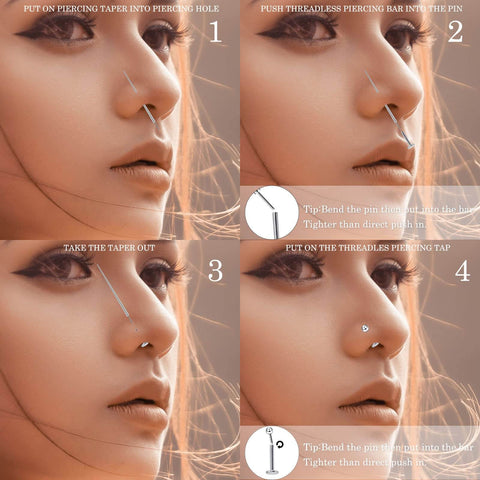 4-step guide using the 6 Piece Stainless Steel Piercing Tapers Set 14G 16G External Threadless And Internal Bar Insertion Pins for nose piercing