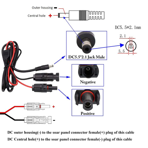 Solar Panel Adapter Cable MC4 To DC With Multi Connector Tips For Easy Hookups 5.5x2.1mm diagram of connectivity features.