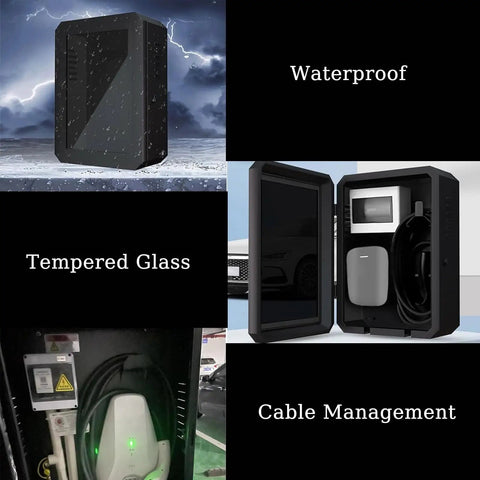 Top Shelf Heavy Duty EV Charger Lock Box Built Tough With Rock Solid Key Code Security And All Weather Resistant Shell shown with waterproof design.