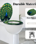 Round Majestic Peacock Chinoiserie Gold Feather Display Ornate Toilet Seat on a white toilet with durable resin and stainless steel hinge.