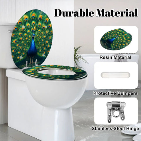 Round Majestic Peacock Chinoiserie Gold Feather Display Ornate Toilet Seat on a white toilet with durable resin and stainless steel hinge.