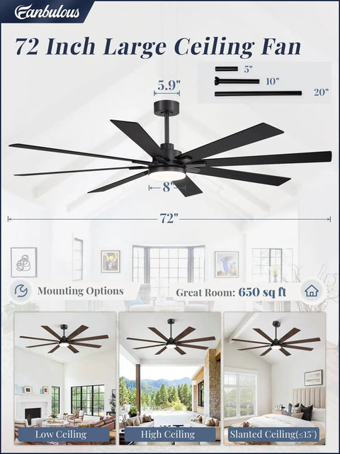72 Inch Ceiling Fan With Lights And Remote Dual Sided Reversible Blades Quiet DC Motor Damp Rated For Indoor Or Outdoor Use