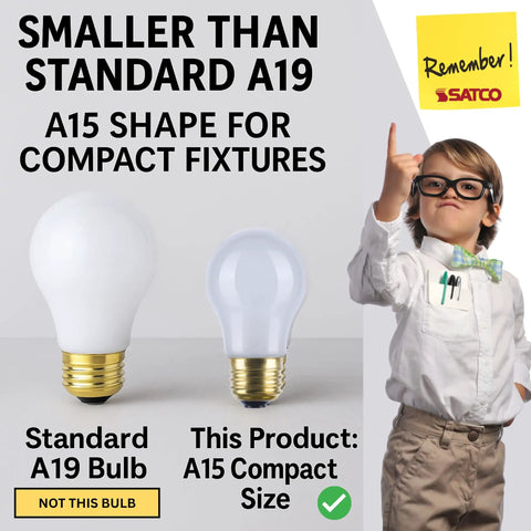 Comparison of A19 and A15 bulbs, highlighting A15's compact size, ideal for Shatterproof 40W A15 Light Bulbs Frosted 2700K Warm White 130V E26 Base
