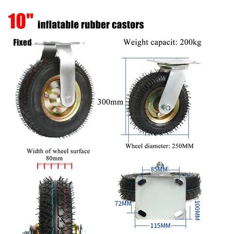 10 inch rugged heavy duty swivel casters with solid rubber wheels, 250mm diameter, fixed for heavy loads.
