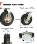 10" inflatable rubber casters with 250mm diameter and 200kg weight capacity for heavy-duty use.