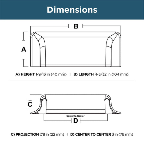 Dimensions diagram of Bronze And Copper Cabinet Handles Pack Of 5 3 Inch Center To Center Bin Pulls, showing height, length, projection details.