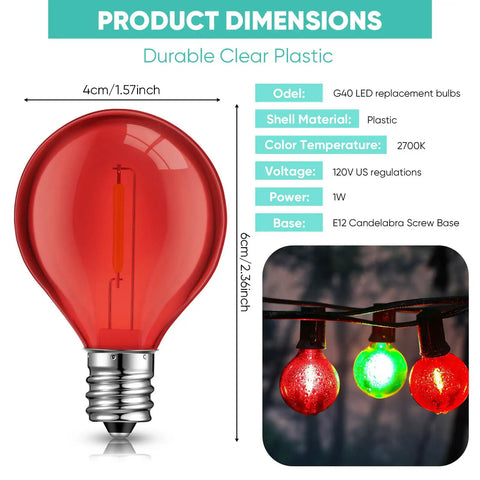 Red G40 LED bulb and lit string lights, 100 Pack G40 LED Globe Bulbs 1W Warm White 2700K For C7 And E12 Candelabra Bases, Shatterproof
