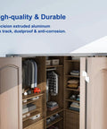 48 Inch Bifold Door Hardware Kit For Four 12 Inch Panels installed on wooden closet with open doors, showing top-mounted track.