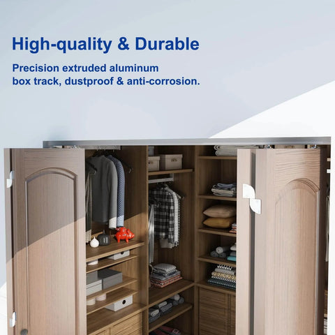 48 Inch Bifold Door Hardware Kit For Four 12 Inch Panels installed on wooden closet with open doors, showing top-mounted track.