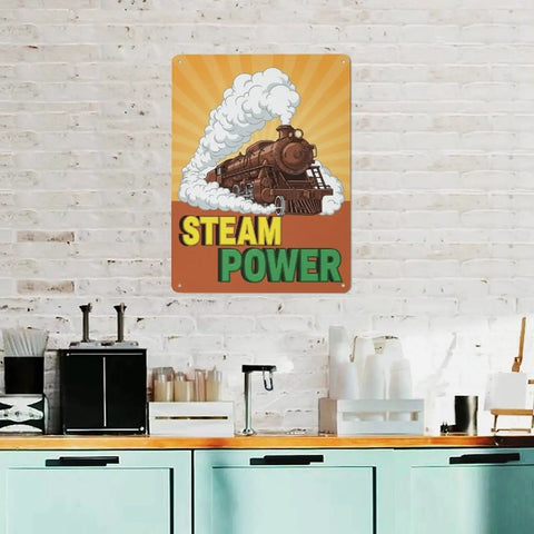 Old School Steam Locomotive Metal Sign Retro Steam Power Tin Wall Decor 16 By 12 Inches in kitchen setting