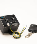RF Remote Control Beefed Up For 12V DC Motor With Reverse Polarity Protection Auxiliary Switch Input 30A Relay Output At 12V 340 MHz Receiver shown with remote keyfob, wires attached.