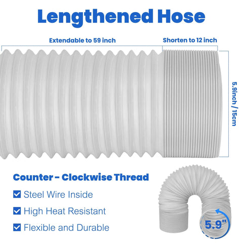 Portable Air Conditioner Window Vent Kit With 5.9 Inch Exhaust Hose, 59 Inch Length, Adjustable Seal, Fits Vertical Or Horizontal Windows, Universal Anti Clockwise Thread