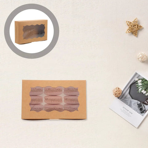 Brown DIY Cookie Boxes With Window 50 Pack Portable Paper Bakery Boxes for treats, showcasing macarons inside the window.