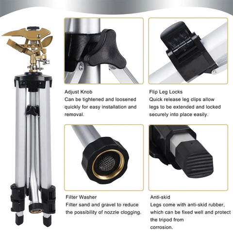 Heavy Duty Tripod Sprinkler Head Kit With 360 Degree Coverage For Lawn And Garden Yard Friendly Zinc Alloy Irrigation Head Three Quarters Inch NH Connector Extendable Legs Rust Resistant 2 Pack