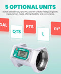Three Inch Turbine Inline Flow Meter With 21 To 264 GPM Range And 180 Degree LCD Display and multiple unit options.