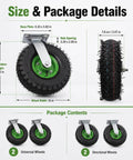 Heavy Duty 10 Inch Pneumatic Caster Set With Two Swivel And Two Rigid Black Rubber Wheels, size and installation details.